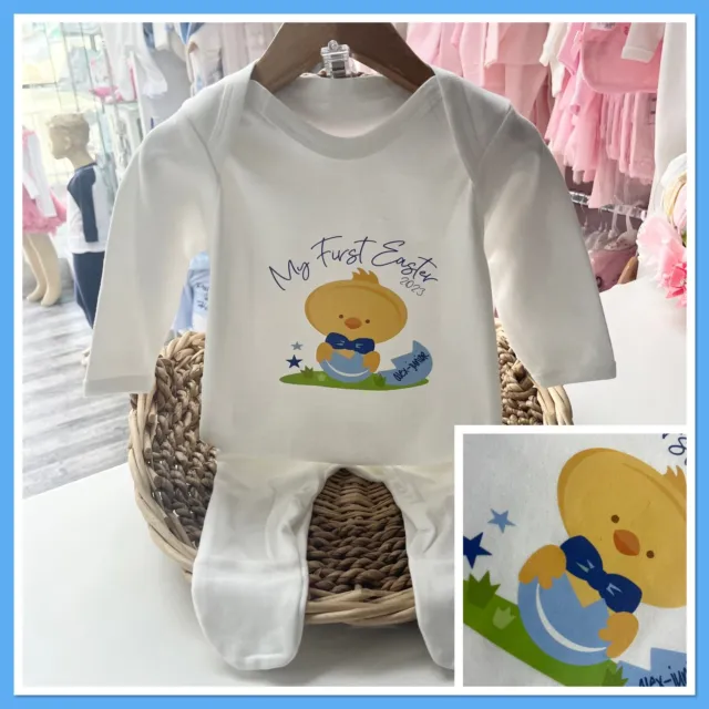 Personalised Baby Boys 1st Easter Baby Grow Pyjamas Romper First Easter Chick