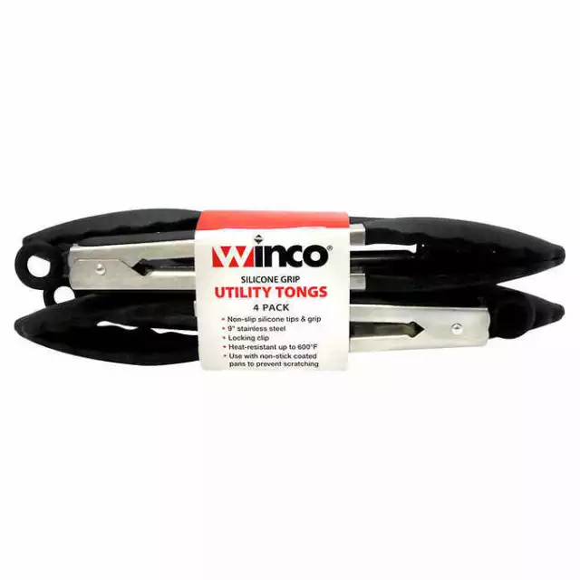 Winco 9-Inch Non-Slip Locking Tongs Stainless Steel 4 Pack