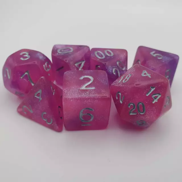 Set dadi DND rosa viola lilla polvere di stelle stampo in plastica 7 pz TTRPG Dungeons Dragons