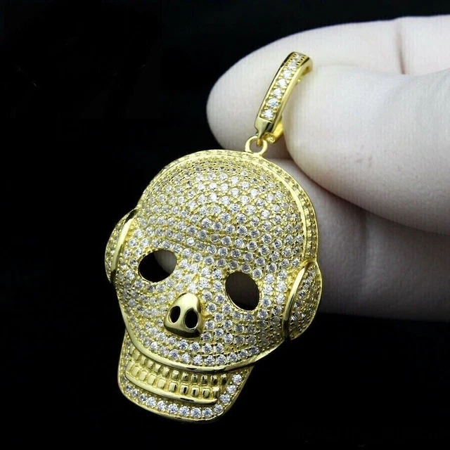 2Ct Round Cut Moissanite Men's Use Head Phone Skull Pendant Yellow Gold Plated