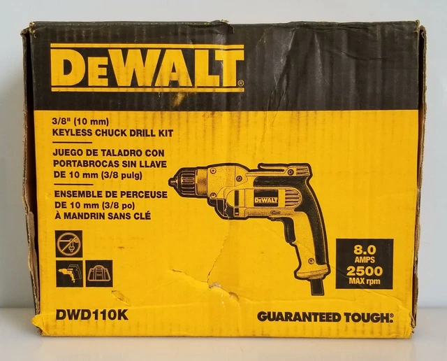 Dewalt DWD110K 8 Amp Corded 3/8 in. 0-2500 RPM Pistol Grip Drill, New Open Box Dewalt DWD110K 8 Amp Corded 3/8 in. 0-2500 RPM Pistol Grip Drill, New Open Box