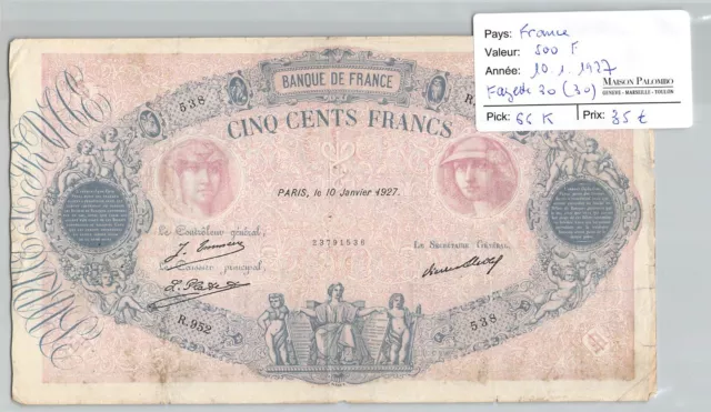BILLET FRANCE - 500 Francs - 10/1/1927 - Fayette 30(30) Pick 66k - N°538