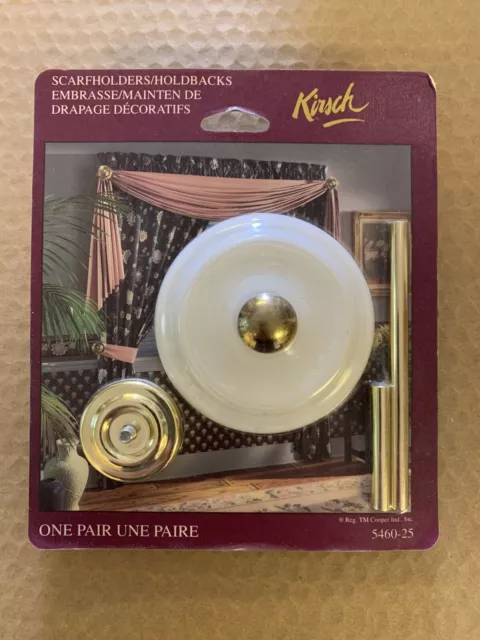 Kirsch Scarf Holders, Drapery Hold Backs, White With Brass, One Pair, New