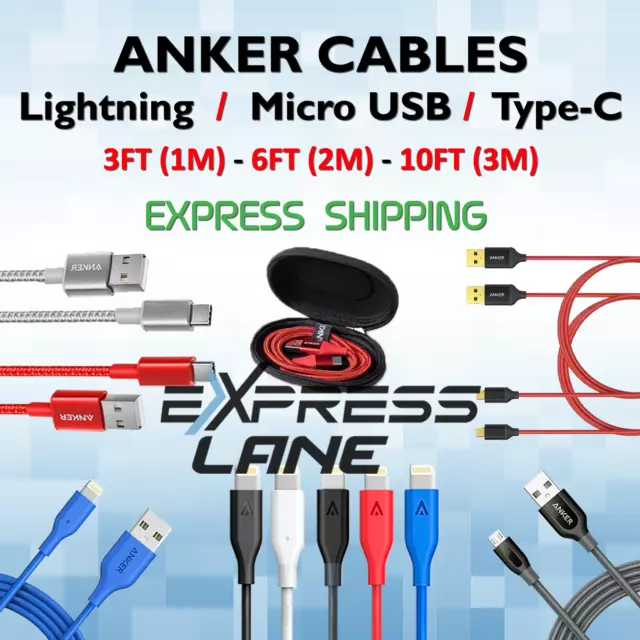 Anker Cable Charger 8-Pin / Micro USB / Type C phones 3FT/6FT/10FT Fast lot