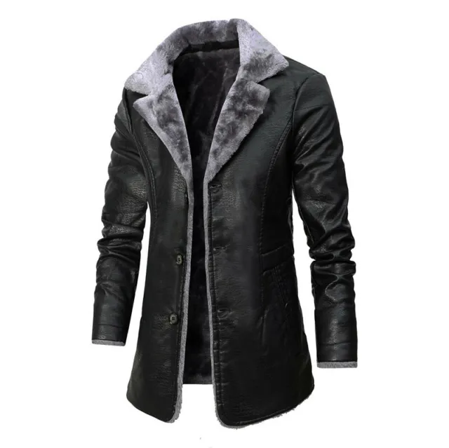 Mens Warm Winter Button Overcoat Leather Lamb Fur Lined Thick Coat Cowboy Jacket