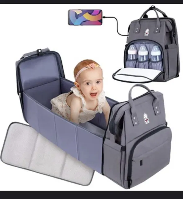 3 in 1 Diaper Bag Backpack with Bassinet Bed Mat Pad Portable Travel Convertible