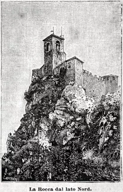 Repubblica di San Marino: Rocca dal lato nord. Stampa antica + passepartout.1889