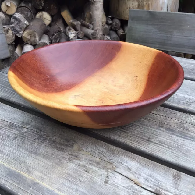 Large Vintage Hand Turned 2 Tone Wooden Serving Fruit Bowl 12” Diameter