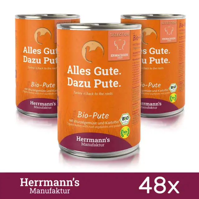 48 x Alimento para perro Herrmanns ecológico pavo hortalizas de raíz patatas MHD enero 2024 400 gr