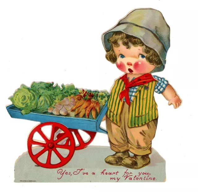 1930s Die-Cut Mechanical High Gloss Valenine. Veggie Cart Boy Twelvetrees Art?