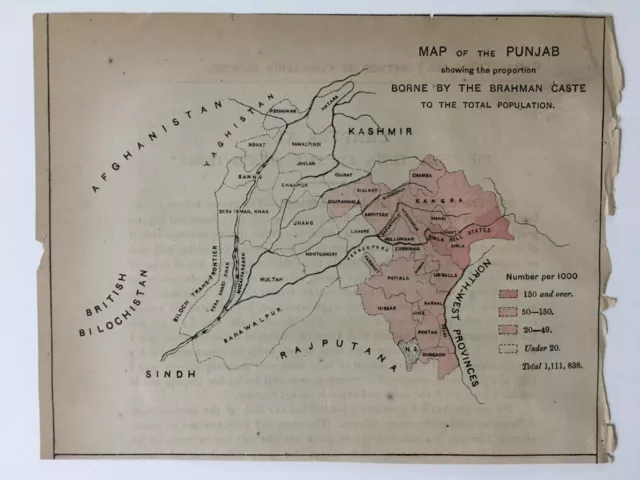 Vintage Map of PUNJAB PROPORTION BORNE BY BRAHMAN CASTE 1890'S 8in x 6.5