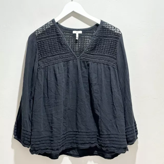 JOIE Women’s Black Cotton Gauze Tunic Top V-Neck Crochet Trim Long Sleeve Size S