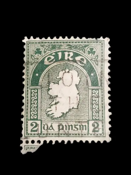 Rare Vintage 1930s Irish Stamp Eire 2 Pinsin Green White Used Tape on Back