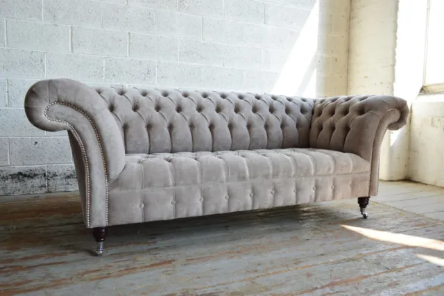 Modern Handmade 3 Seater Cream Beige Velvet Chesterfield Sofa Couch