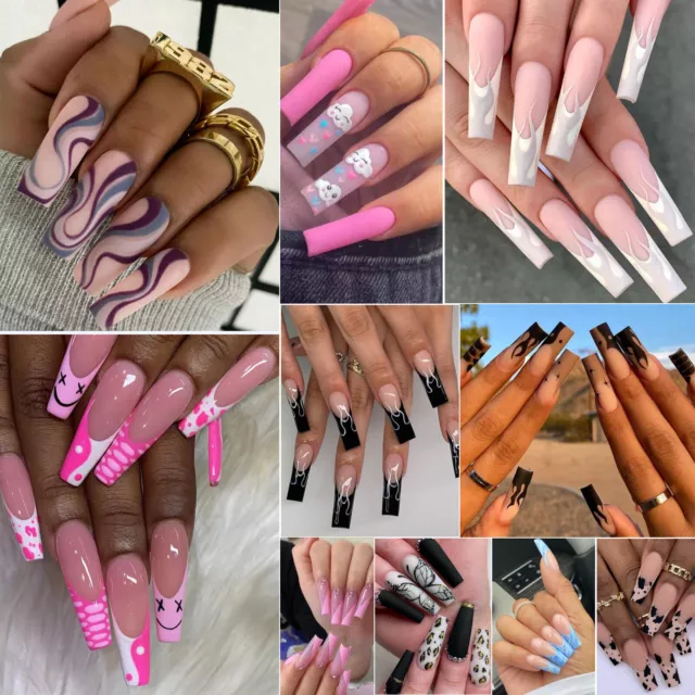 24 piezas uñas postizas cubierta completa francesa ataúd largo prensado uñas falsas para mujer