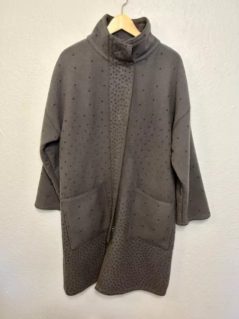 Gudrun Sjoden 100% Wool Polka Dot Long Lagenlook Gray Coat Woman's Size Medium