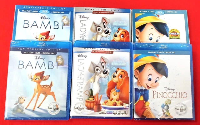 Authentic Disney Blu-ray /DVD Movies Lot of 3 Bambi Lady and the Tramp Pinocchio