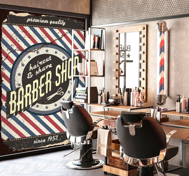 Papier Peint 3D Autocollant Barber Shop R1620 - Mural Auto-adhésif Coloré - Tissu