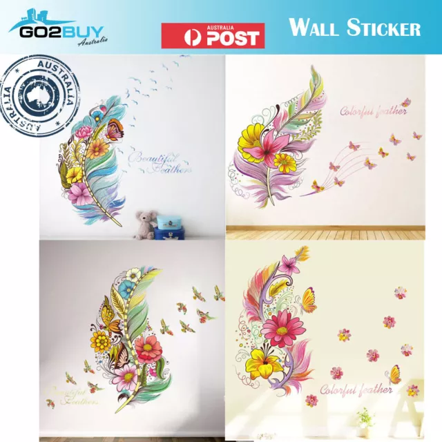 Wall Stickers Removable Feather Butterfly Flowers Kids Mural Room Decal Romantic
