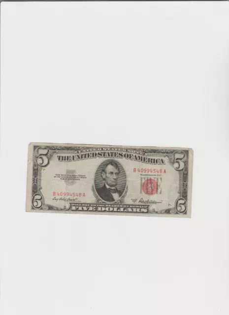 1953-A Five Dollar RED Seal Note United States Note Old US Bill $5 Average Circ