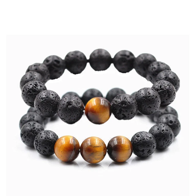 Mens 8mm Round Black Lava Rock Stone Charm Tiger Eye Reiki Beaded Bracelet