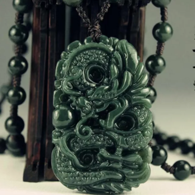 1.3" Wonderful Natural Green HeTian Jade Carved Dragon Lucky Pendants Necklace