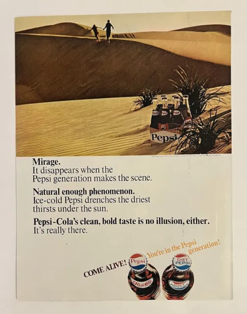 Pepsi Cola 1966 VTG Life Print Add 10.5X13.5 Six Pack Bottles On Sand Dune