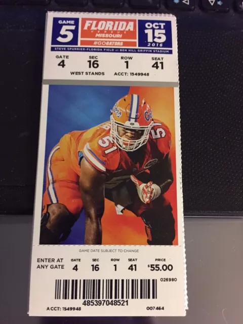 2016 Florida Gators Vs Missouri Tigers College Football Ticket Stub 10/15