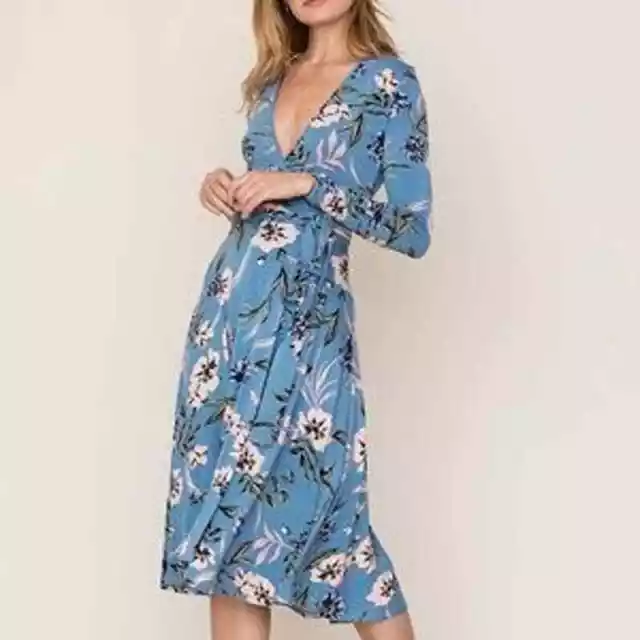 Yumi Kim Womens Town Wrap Dress Floral  V-Neck Long Sleeve Blue Midi Size XS