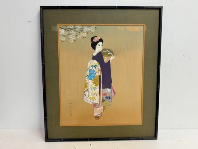 Vintage Asian Japanese Framed Painting on Silk of Woman Signed