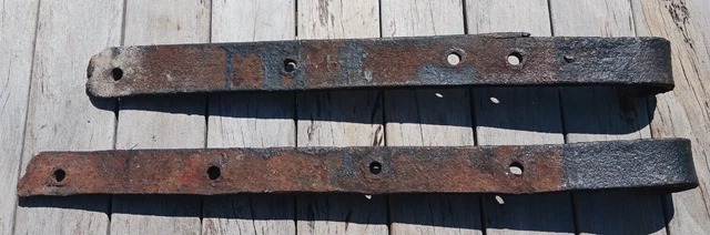2 Large Vintage Strap Hinges Antique Hand Forged 25"L x 1 7/8"w & 23"L x 2 1/8"w 2