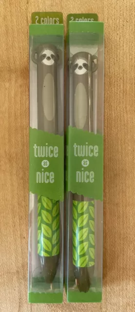 Twice As Nice Pens- Sloth Theme, 2 Pens,Two Colors per pen, green and brown ink.