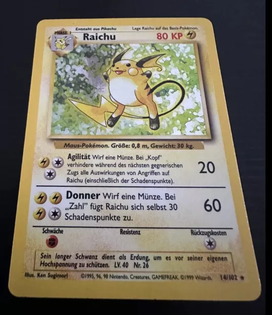 Pokemon Karte - Raichu - 14/102 - Excellent - Base Set - Holo - Deutsch