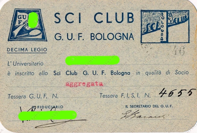 Sci Club GUF Bologna Gruppo Universitario fascismo RARA tessera
