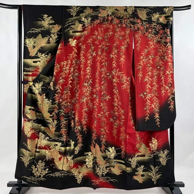 Woman Japanese Kimono Furisode Silk Butterfly Weeping Cherry Blossom Gold Black