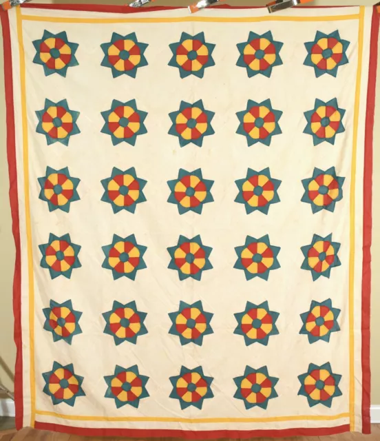 Vintage 1890's Red, Green & Cheddar "Ring Around the Rosy" Antique Quilt Top!