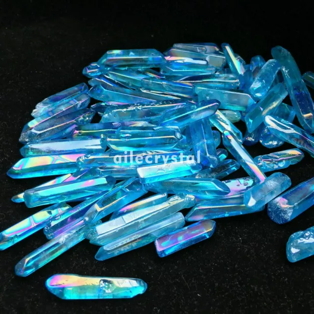 Blue titanium rainbow aura lemurian quartz crystal wand point healing 50g.