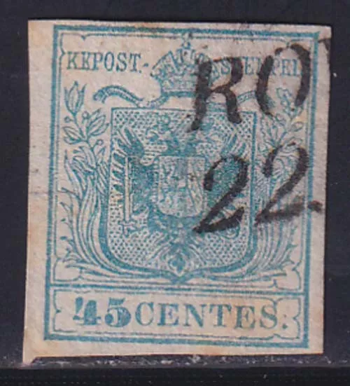 G835 LOMBARDO VENETO – 45 c. azzurro n. 22, timbrato, margini completi.