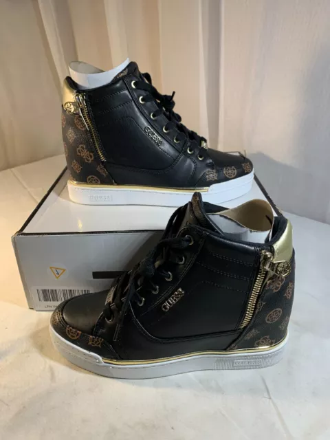 Guess Womens Figz2 Black Gold Leather Hi Top Lace Up Sneaker Shoes Size 8.5 M