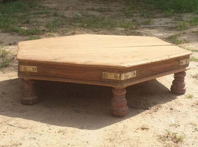 1800's Primitive Antique Indian Old Handcrafted Wooden Low Bajot Coffee Table