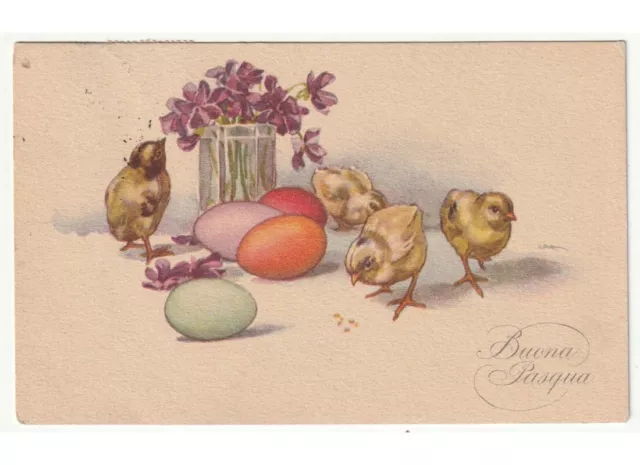1923 Antique Carte Postale Pâques Poussins Nourriture Oeufs Colorées Vase Pensée