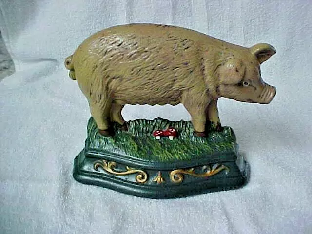 Vintage Wright Studios Cast Iron Door Stop Pig Farmhouse Rustic Mushrooms