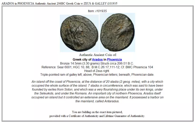 ARADOS in PHOENICIA Authentic Ancient 206BC Greek Coin w ZEUS & GALLEY i101935 3