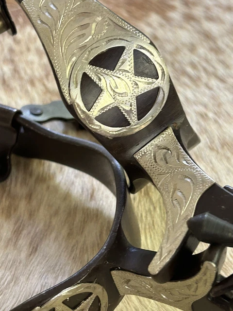 Adult Size Brown Steel Spurs with Engraved Silver and Jingle Bobs On Rowels PAIR 3
