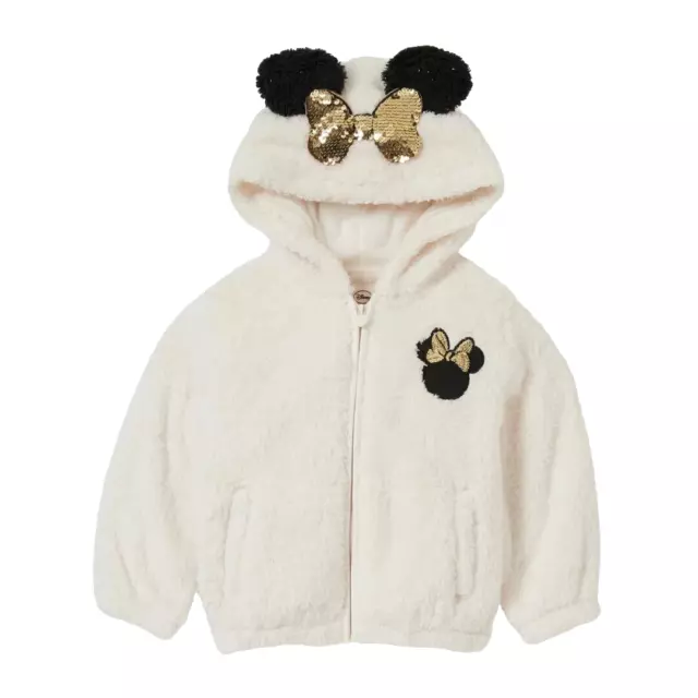 Kids Girls Disney Minnie Mouse Fluffy Jacket Hood 2Pockets Full Zip Age 3-10 Yrs