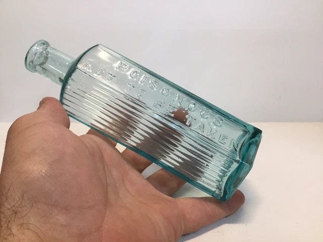 Large Antique Aqua Poisonous Not To Be Taken 6 Sided Poison Bottle.