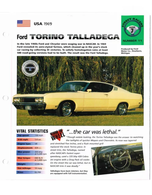 1969 FORD TORINO TALLADEGA SPEC SHEET/Brochure: NASCAR 3