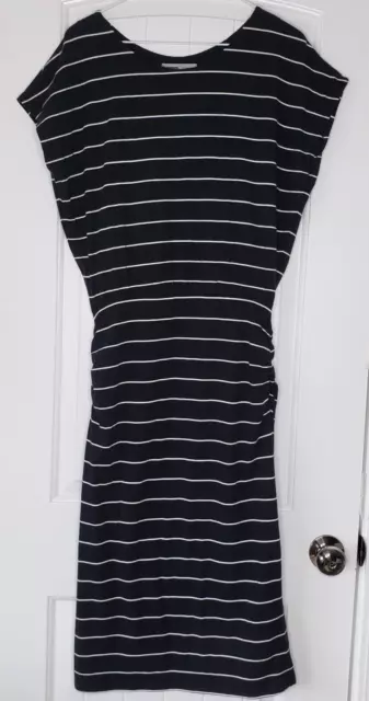Athleta Horizons Stripe Midi Dress Womens Medium Black Short Sleeve Ruched