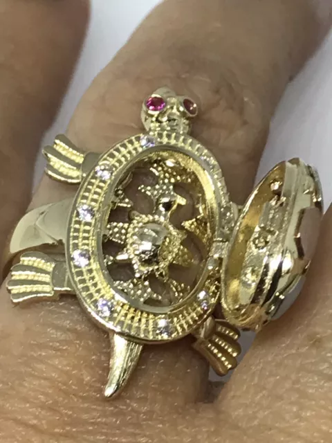 GOLd Turtle BABY Ring 14k Good luck lucky cz locket MOVABLE 7 ask 5 6 8 9 3