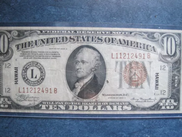 1934A  $10.00 Brown Seal Federal Reserve  Note   Hawaii Overprint /  WW2